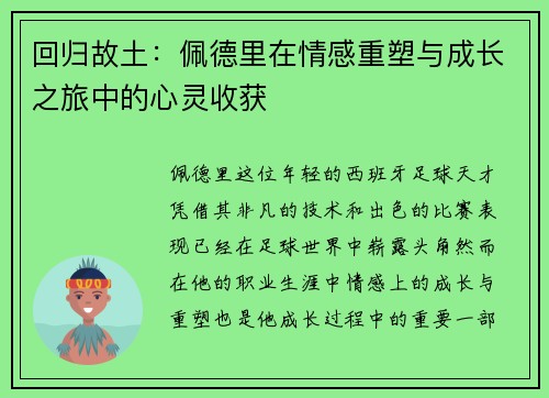 回归故土：佩德里在情感重塑与成长之旅中的心灵收获